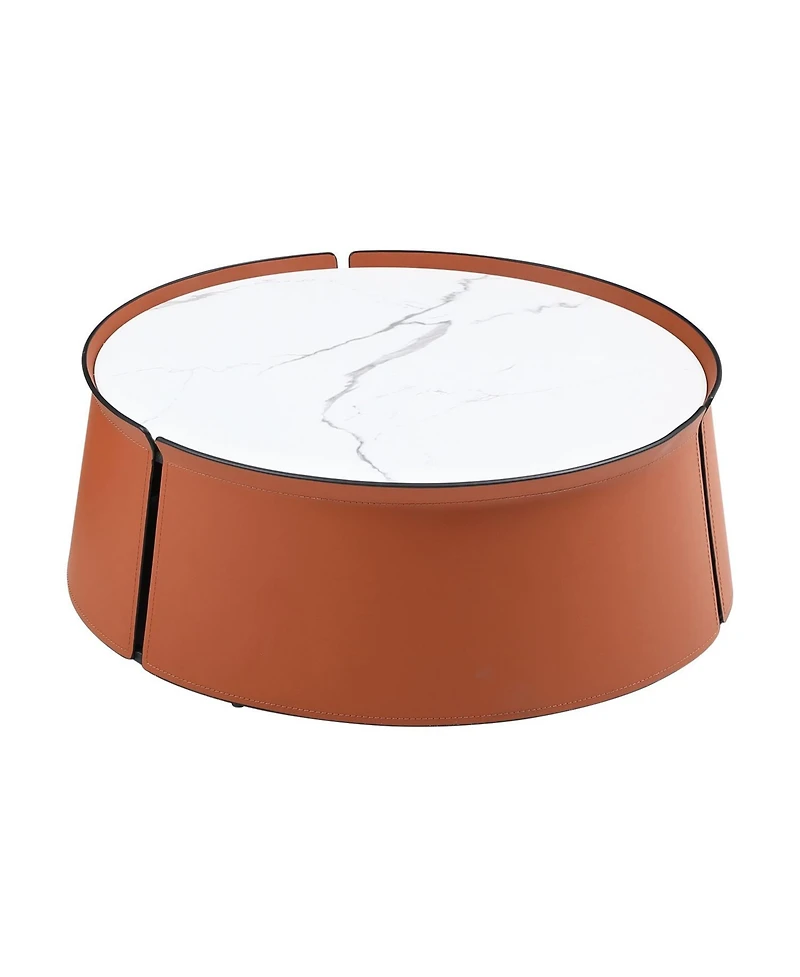 Streamdale 31.5" Coffee Table, Marble Top+Orange Saddle Leather Body+Iron Frame