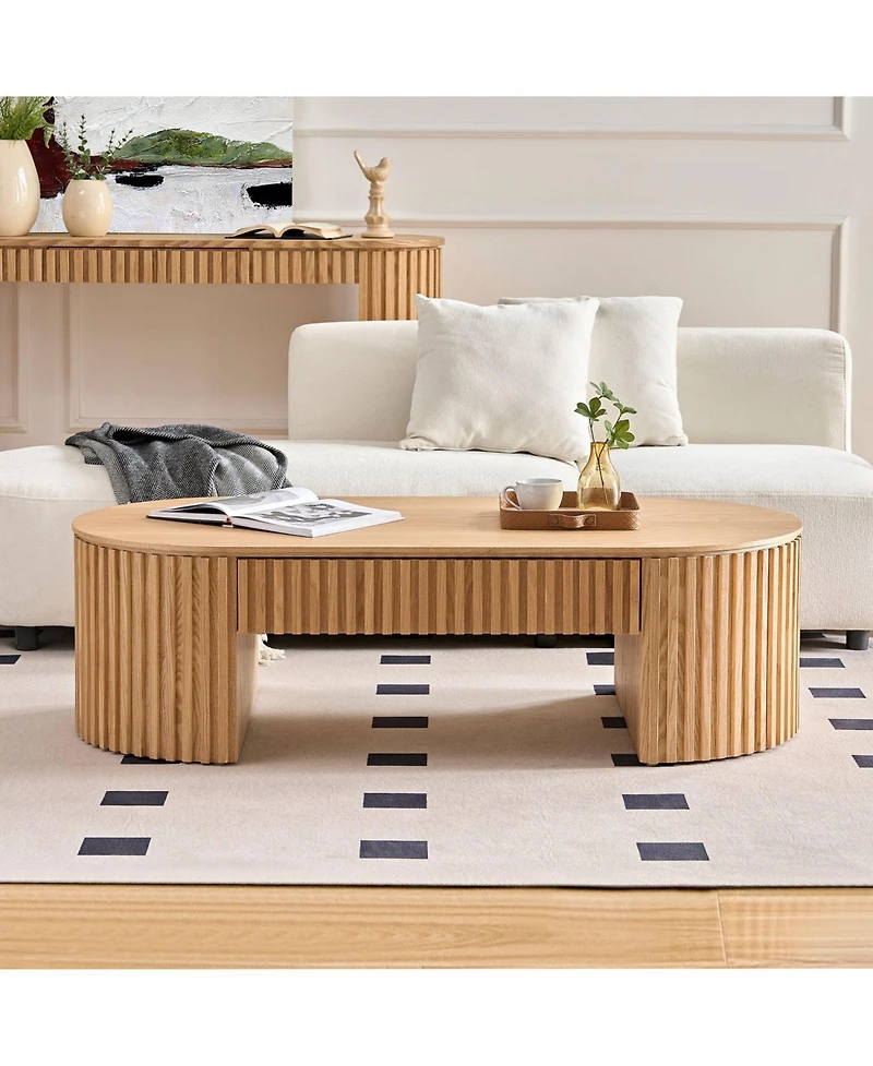 Streamdale 51" Oval Wood Coffee Table with Drawer, Mid-Century Modern Style