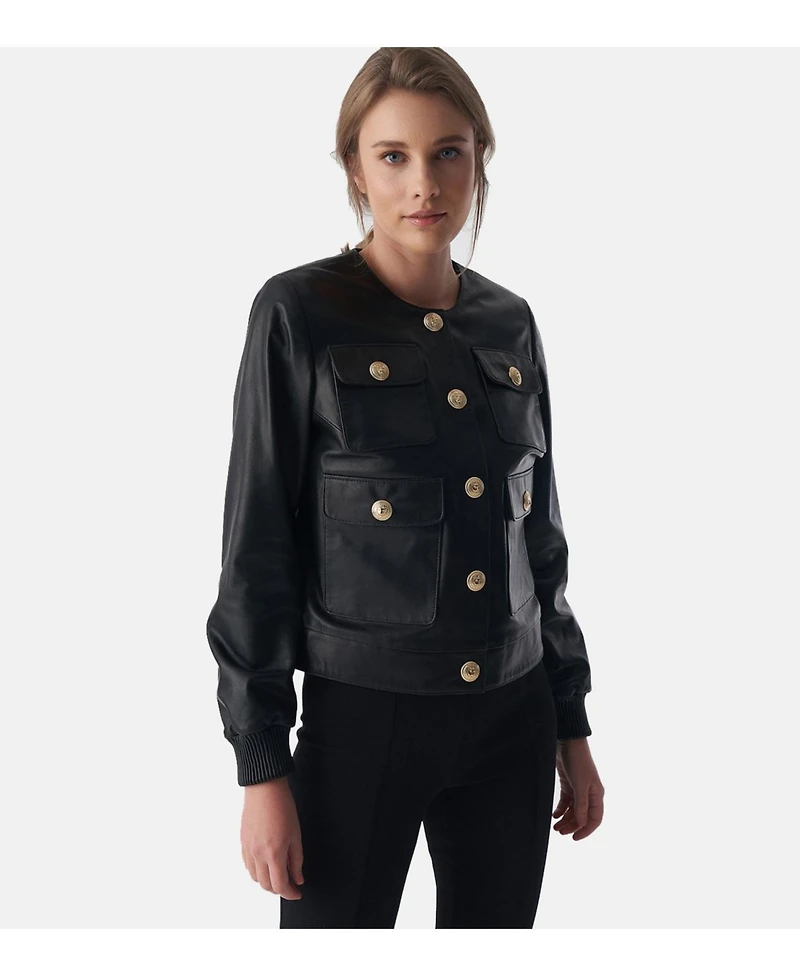 Furniq Uk Women's Collarless Stunning Studs Closure Leather Jacket, Black