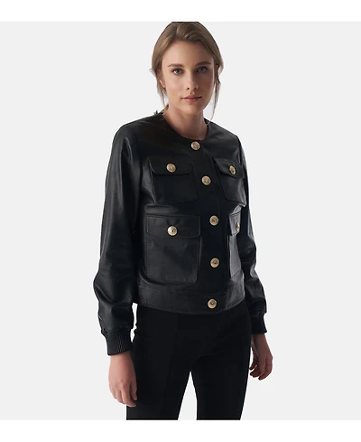Furniq Uk Women's Collarless Stunning Studs Closure Leather Jacket, Black