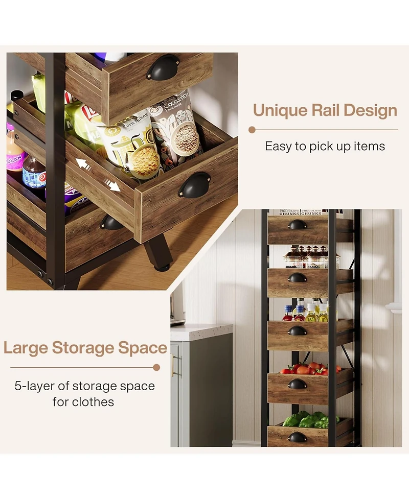 Tribesigns Wood Fruit and Vegetable Storage Rack Set of 2, 5-Tier Narrow Snack Stand Kitchen Stand Fruit Basket, Pull-Out Utility Organizer for Kitche