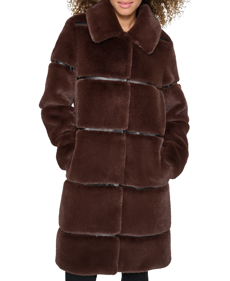 Karl Lagerfeld Paris Womens Faux-Leather Trim Faux-Fur Coat