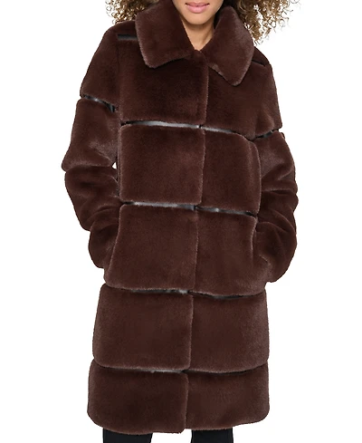 Karl Lagerfeld Paris Womens Faux-Leather Trim Faux-Fur Coat