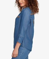 Alfred Dunner Petite El Paso Embroidered Butterfly Button Front Top