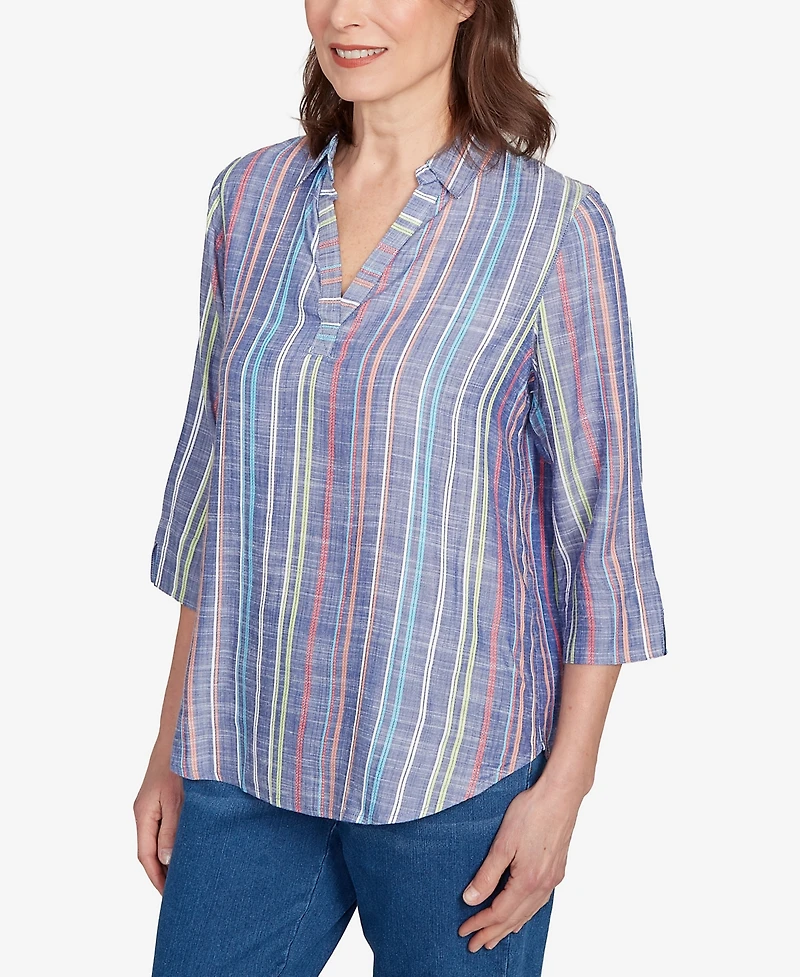 Alfred Dunner Petite El Paso Textured Multi Stripe Collared Top