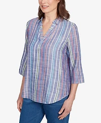 Alfred Dunner Petite El Paso Textured Multi Stripe Collared Top