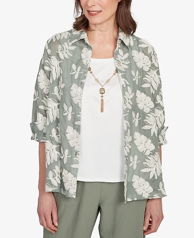 Alfred Dunner Petite Copper Canyon Soutache Leaf Two One Collated Top with Necklace