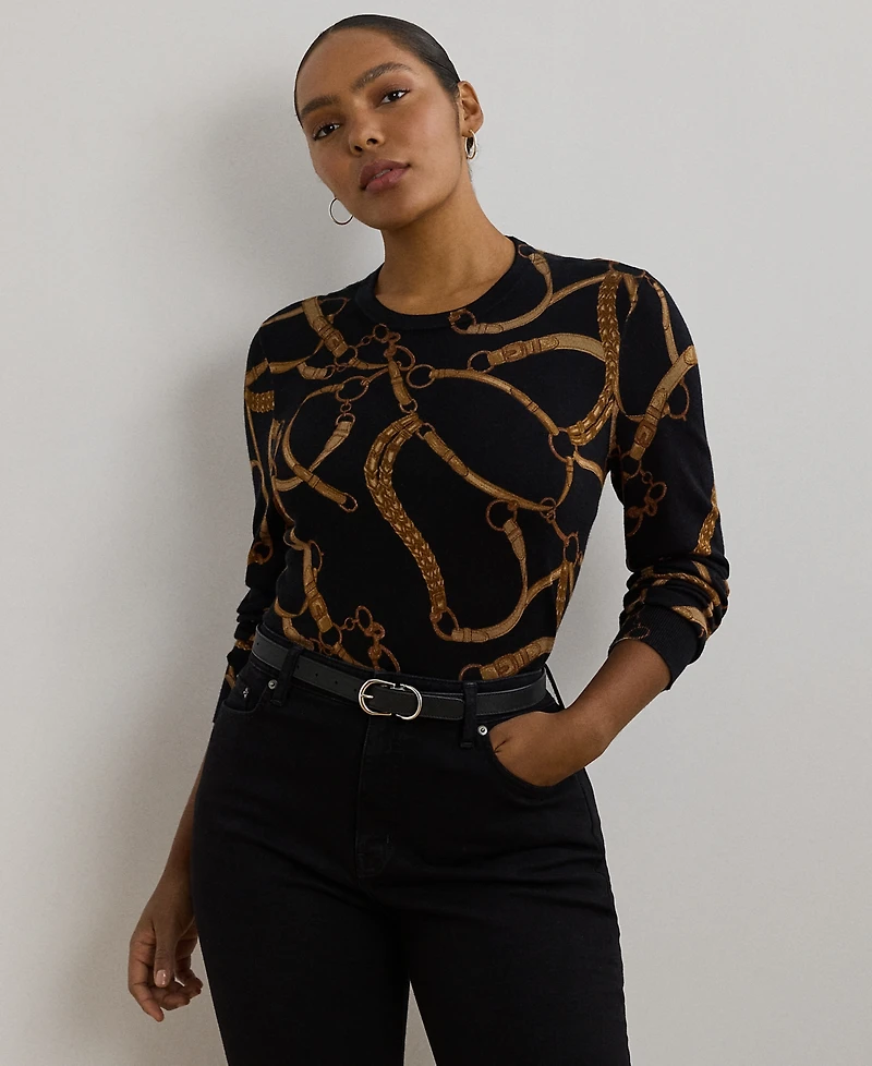 Lauren Ralph Plus Belting-Print Cotton-Blend Sweater