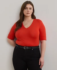 Lauren Ralph Plus Stretch Cotton Elbow-Sleeve V-Neck Tee
