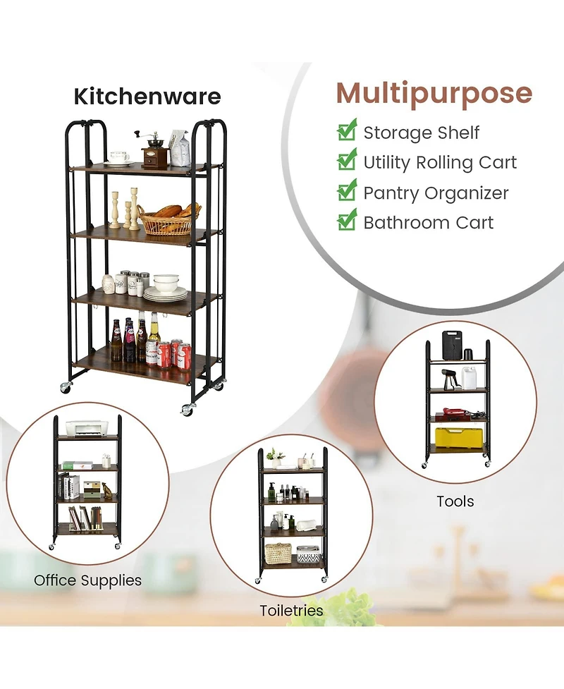 Folding Kitchen Utility Serving Island Cart with Storage Shelves