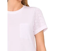 CeCe Women's Cotton Eyelet-Sleeve Patch-Pocket T-Shirt