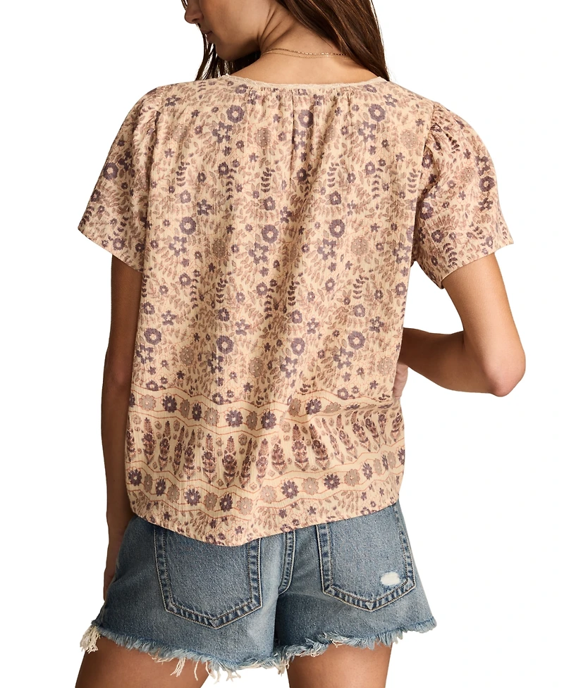 Lucky Brand Women's Cotton Crochet-Trim V-Neck Top