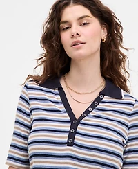 Liverpool Los Angeles Women's Striped Ribbed-Knit Collared Henley Top