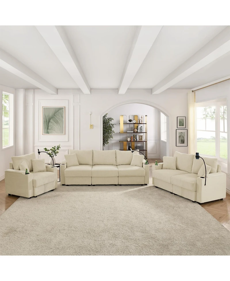 Streamdale Beige Corduroy Sofa Set with Storage & Cup Holders