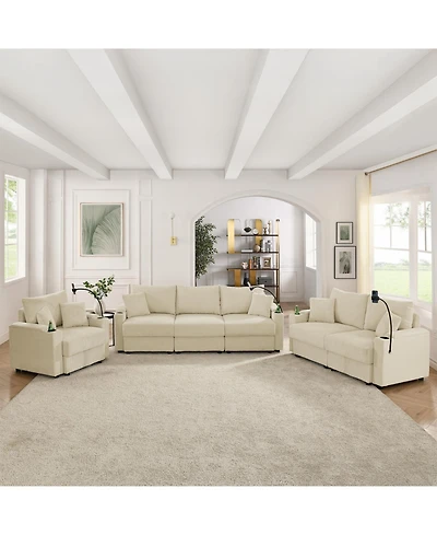 Streamdale Beige Corduroy Sofa Set with Storage & Cup Holders