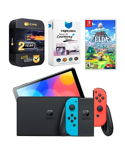 Nintendo Switch Neon Red & Blue Oled Console with The Legend of Zelda: Link's Awakening, MightySkins Console and Controller Skin Voucher, and 2 Year C