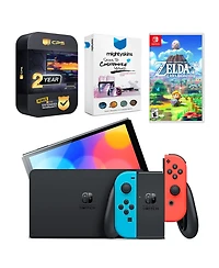 Nintendo Switch Neon Red & Blue Oled Console with The Legend of Zelda: Link's Awakening, MightySkins Console and Controller Skin Voucher, and 2 Year C