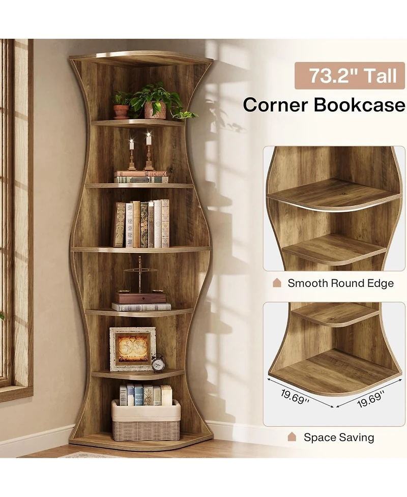Tribesigns 73.2" Tall Corner Bookcase, Farmhouse 6-Tier Corner Shelf for Small Space, Freestanding Bookshelf Display Shelf Plant Stand