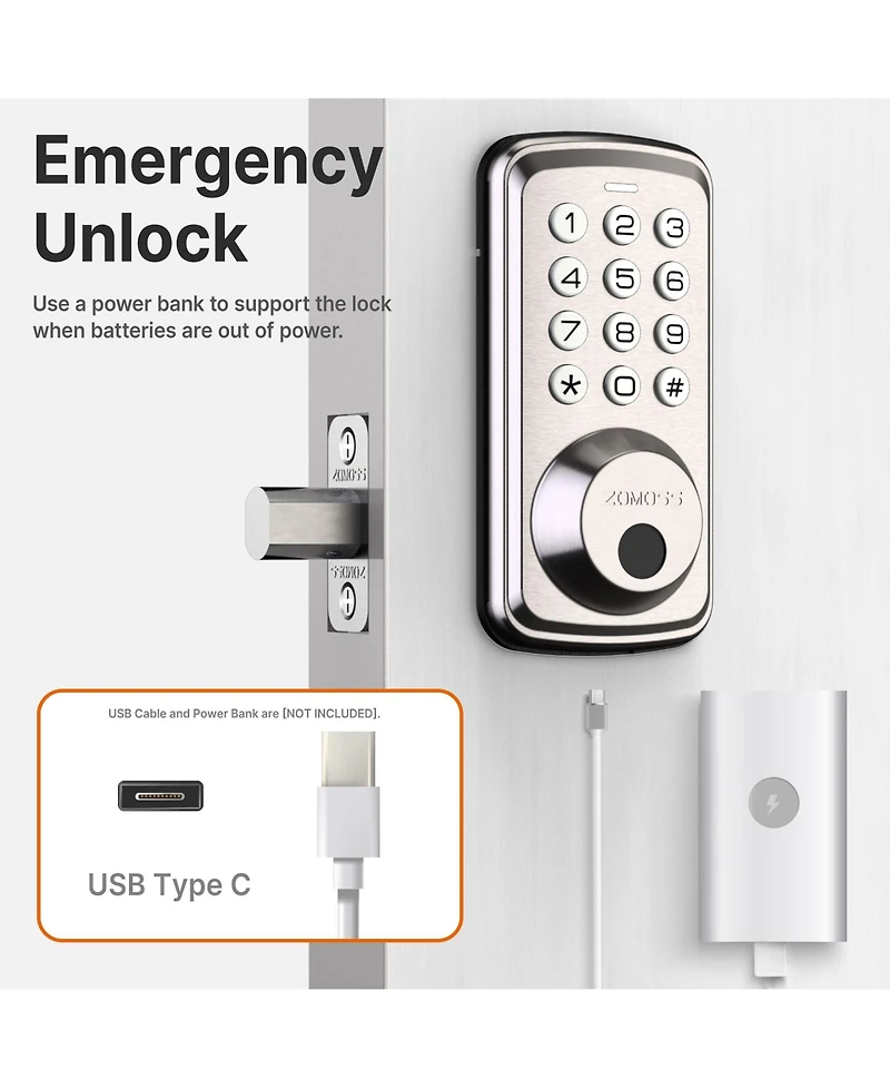 Zachvo Fingerprint Door Lock Keyless Deadbolt, Electric Door Locks with Keypads and Emergency Charging Port