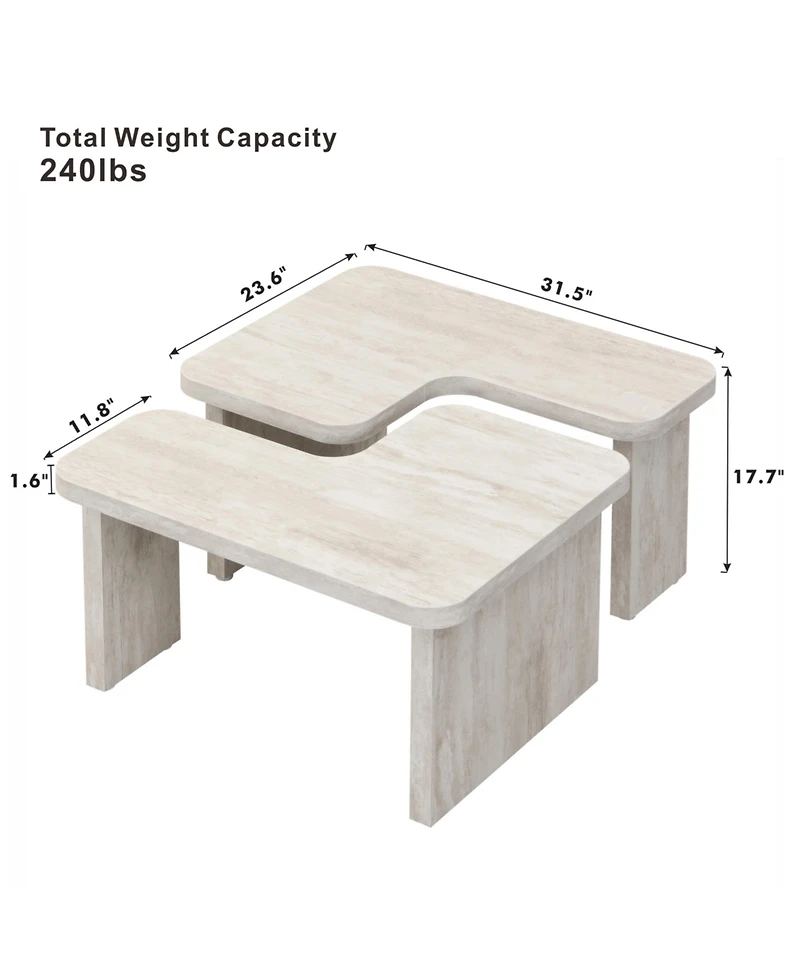 Streamdale Rectangular Wood Detachable Coffee Table in White (47.24"x23.62" & 35.43"x31.49")