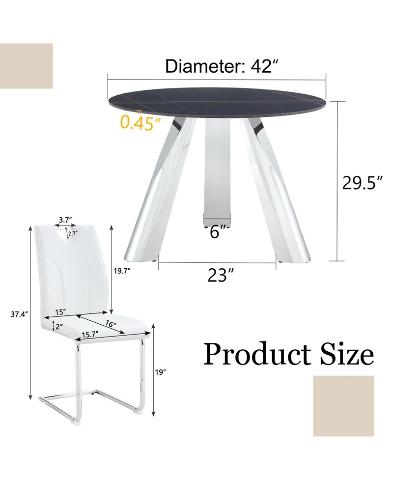 Streamdale Round Stainless Steel Table and 4 White Dining Chairs with Silver Metal Legs