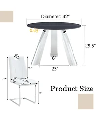 Streamdale Round Stainless Steel Table and 4 White Dining Chairs with Silver Metal Legs