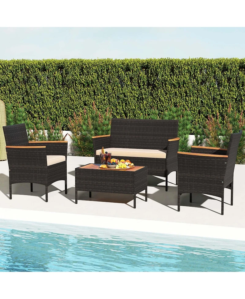 4 Pcs Patio Wicker Sofa Set with Coffee Table Acacia Wood Armrests & Tabletop