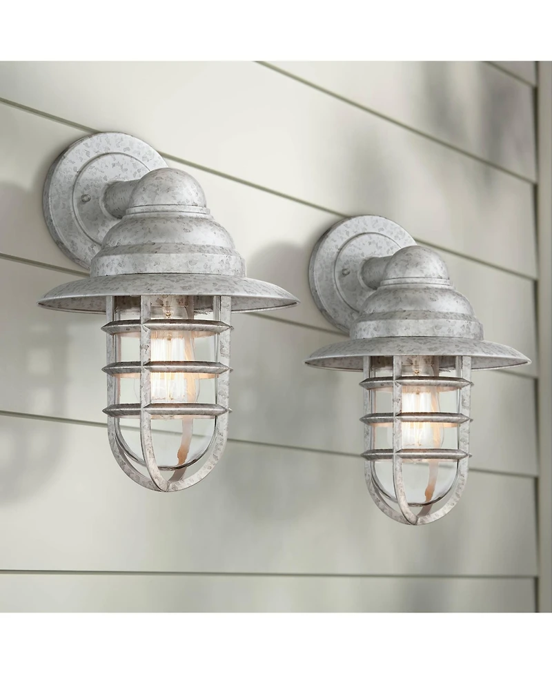 John Timberland Marlowe 13 1/4" High Farmhouse Rustic Hooded Cage Outdoor Wall Light Fixture Mount Porch House Set of 2 Galvanized