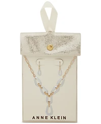Anne Klein Two-Tone Link Lariat Necklace & Drop Earrings Set