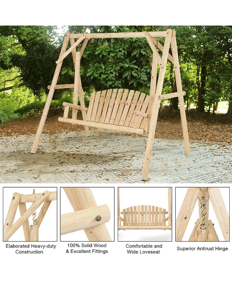 Outdoor Wooden Porch Bench Swing Chair with Rustic Curved Back