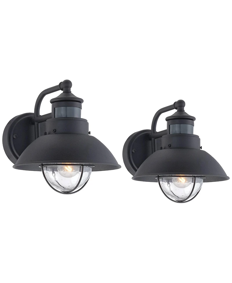 Oberlin Rustic Industrial Farmhouse Outdoor Barn Light Fixtures Set of 2 Black Dusk to Dawn Motion Sensor 9" Clear Seedy Glass for Exterior Deck