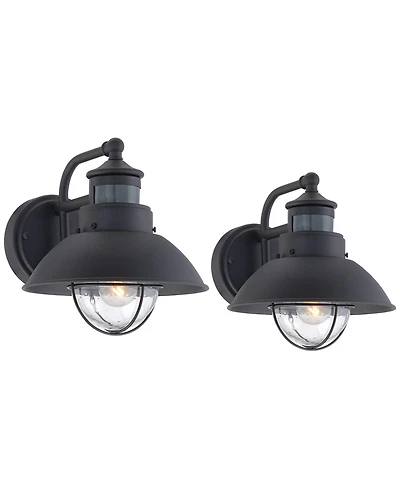 Oberlin Rustic Industrial Farmhouse Outdoor Barn Light Fixtures Set of 2 Black Dusk to Dawn Motion Sensor 9" Clear Seedy Glass for Exterior Deck