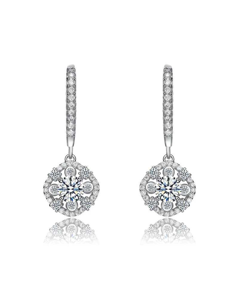 White Gold Plating with Clear Round Cubic Zirconia Leverback Dangle Earrings