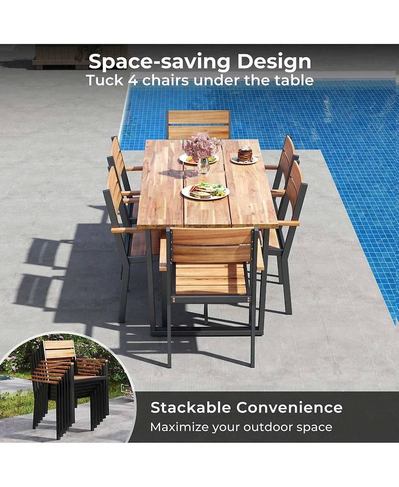 7 Pcs Acacia Wood Patio Dining Set 6 Armchairs and 69" Table with 2" Umbrella Hole