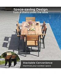 7 Pcs Acacia Wood Patio Dining Set 6 Armchairs and 69" Table with 2" Umbrella Hole