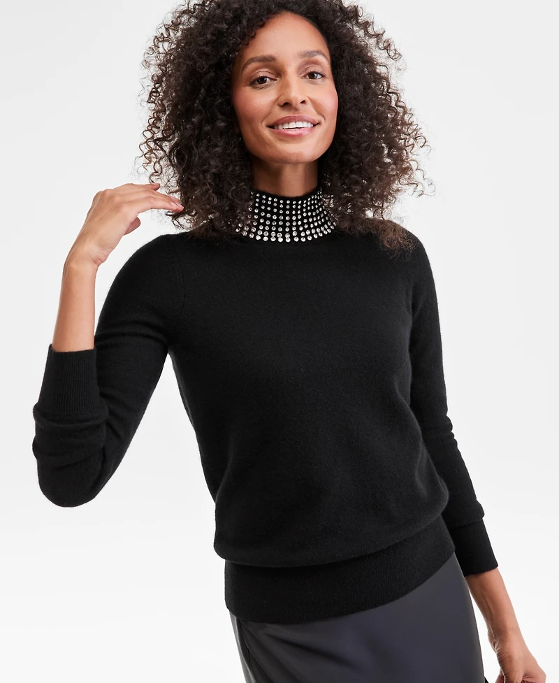 Charter Club Women's 100% Cashmere Rhinestone Mock Neck Sweater, Macy's Exclusive