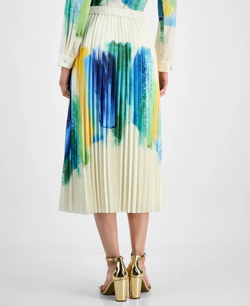 T Tahari Women's Brushstroke-Print Pleated Midi Skirt
