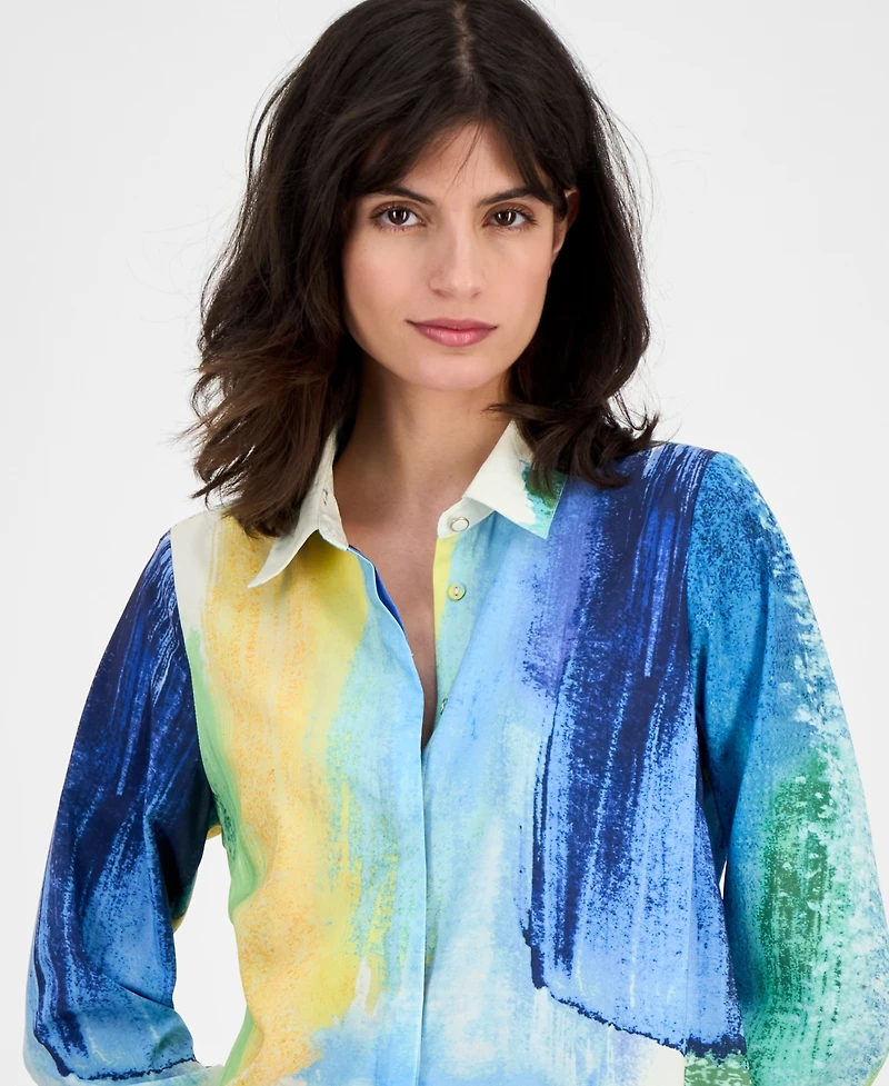 T Tahari Women's Watercolor-Print Long-Sleeve Blouse