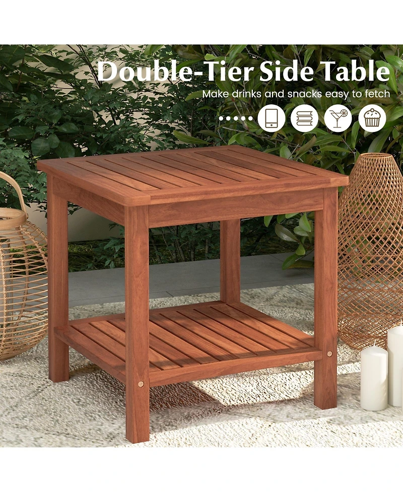Set of 2 Double-Tier Acacia Wood Patio Side Table with Slatted Tabletop and Shelf