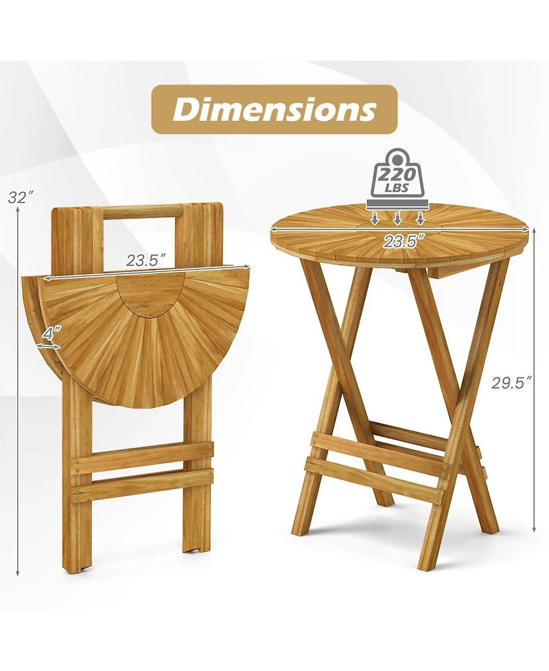Patio Folding Side Table Teak Wood Round End Table with Slatted Tabletop and X-Shaped Frame