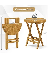 Patio Folding Side Table Teak Wood Round End Table with Slatted Tabletop and X-Shaped Frame