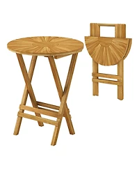 Patio Folding Side Table Teak Wood Round End Table with Slatted Tabletop and X-Shaped Frame