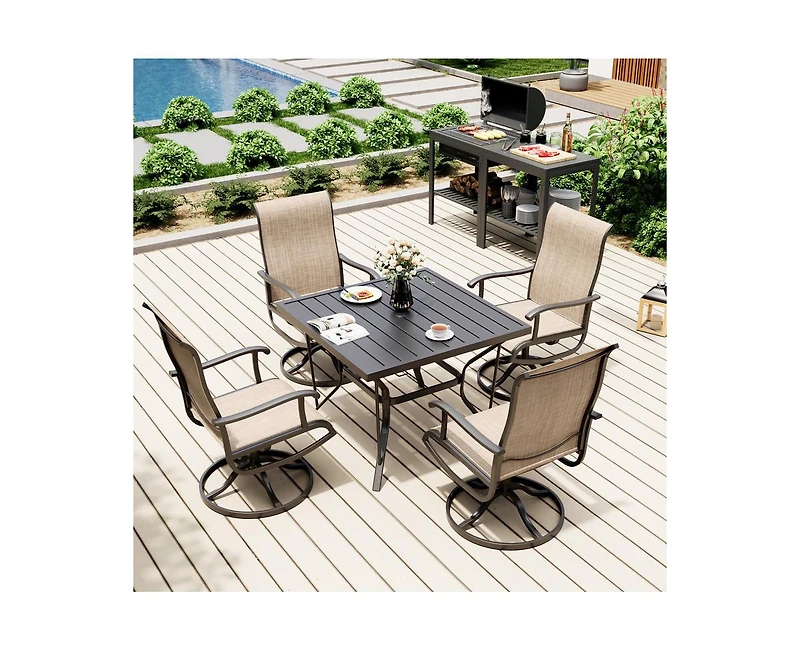 Outdoor 5-Piece Metal Patio Dining Set with and 4 Textilene Swivel Chairs Square Table Beige