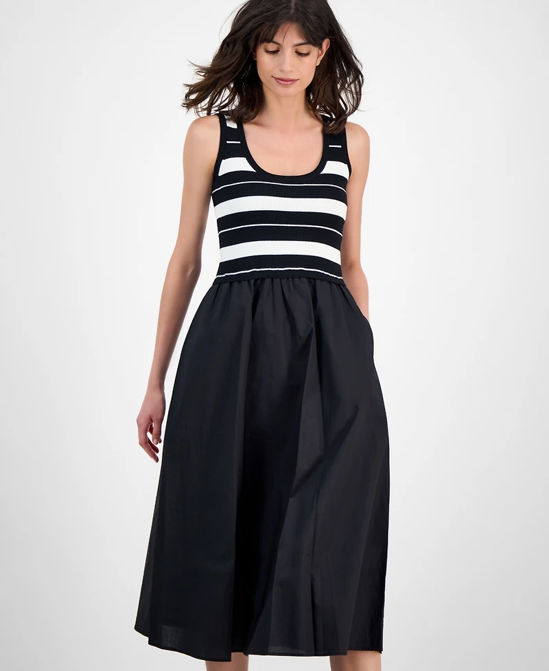 T Tahari Women's Striped-Bodice Mixed-Media Midi Dress