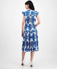 T Tahari Women's V-Neck Button-Front Fanned-Print Midi Dress