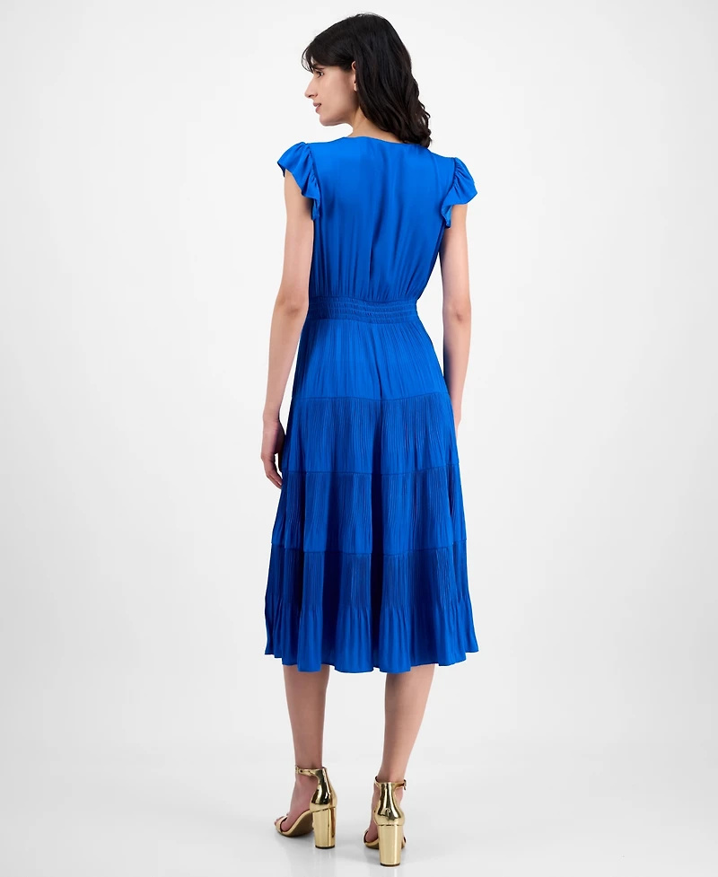 T Tahari Women's Tiered V-Neck Flutter-Sleeve Midi Dress