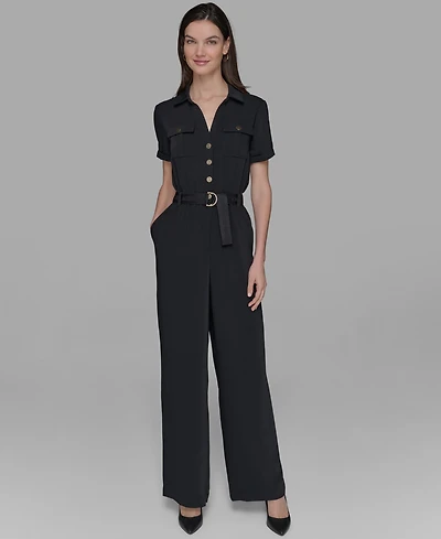 Karl Lagerfeld Paris Petite Belted Short-Sleeve Button-Front Jumpsuit