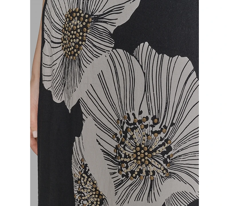 Karl Lagerfeld Paris Petite Beaded-Neck Floral-Graphic Dress