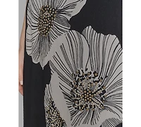 Karl Lagerfeld Paris Petite Beaded-Neck Floral-Graphic Dress