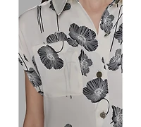 Karl Lagerfeld Paris Petite Floral-Print Drawcord-Hem Blouse